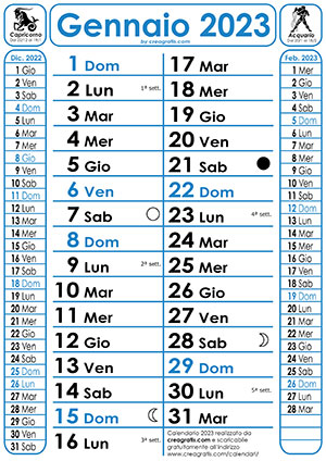 Immagine del calendario 2023 con le fasi lunari