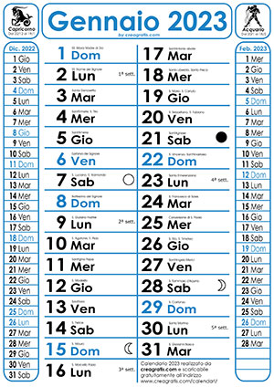 Immagine del calendario 2023 con Santi e fasi lunari
