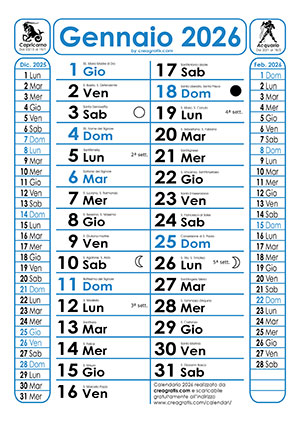 Calendario 2026 - Versione con Santi e Fasi Lunari Versione con i Santi e le Fasi Lunari del calendario 2026
