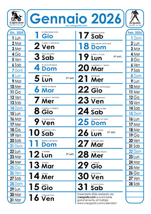 Calendario 2026 - Versione con Santi Versione con i Santi del calendario 2026