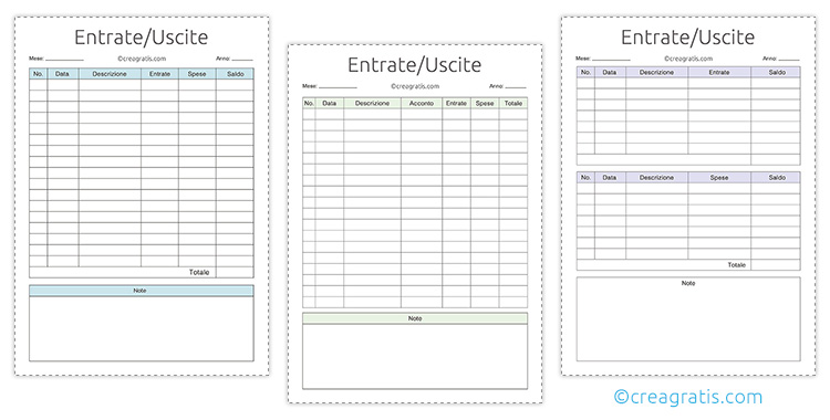 Tabella delle entrate e uscite in PDF da stampare