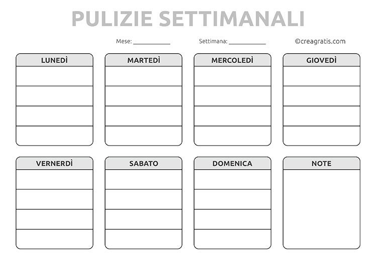 Tabella pulizie settimanale da stampare